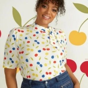 ModCloth Daydream Believer Cherry Tie Neck Top retro blouse short sleeve stretch
